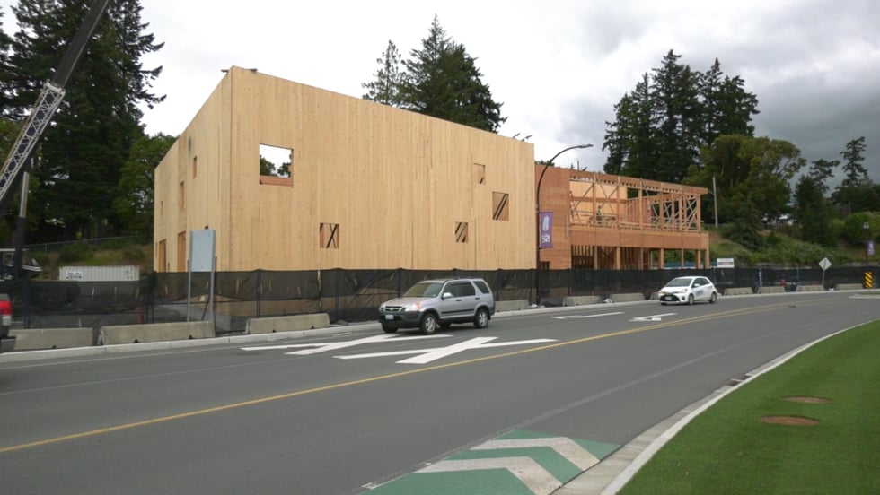 August The mass timber warehouse project is pictured on Field View Place in Langford June 11 (CTV News)