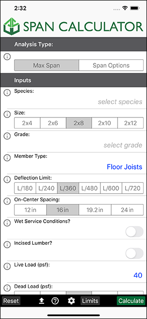 Maximum Span Calculator for Wood Joists and Rafters